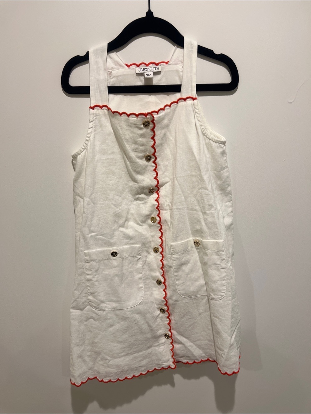 Crewcuts girls White Cotton Dress with Red Scalloped Trim and gold buttons. 6